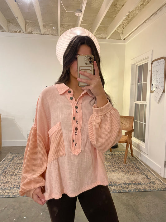 Pink Button Collar Pullover